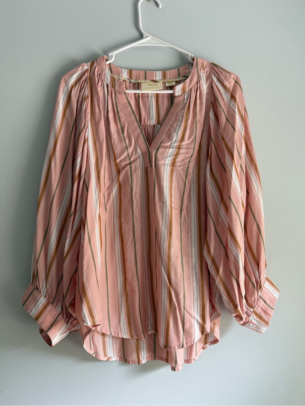 Maeve by Anthropologie Pink Striped V-Neck Peasant Blouse